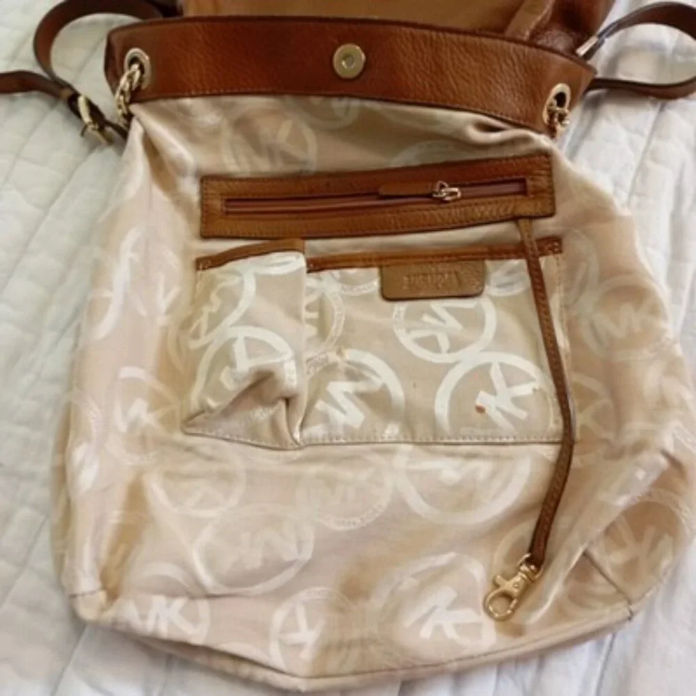 Michael Kors Brown Leather Shoulder Bag With Chain Straps & MK Logo Lining Women